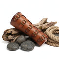 Viking leather bracers for cosplay, authentic medieval buckled arm armor gauntlets in brown leather