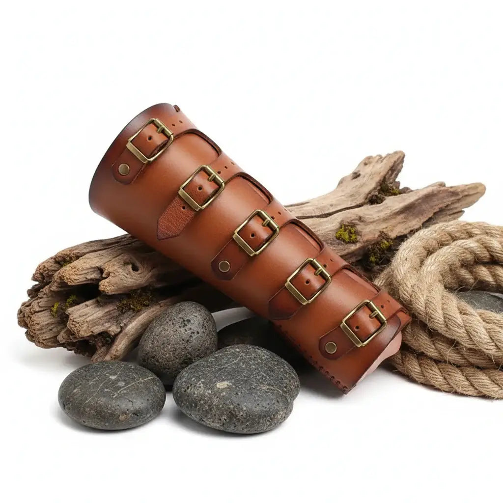Viking leather bracers for cosplay, authentic medieval buckled arm armor gauntlets in brown leather