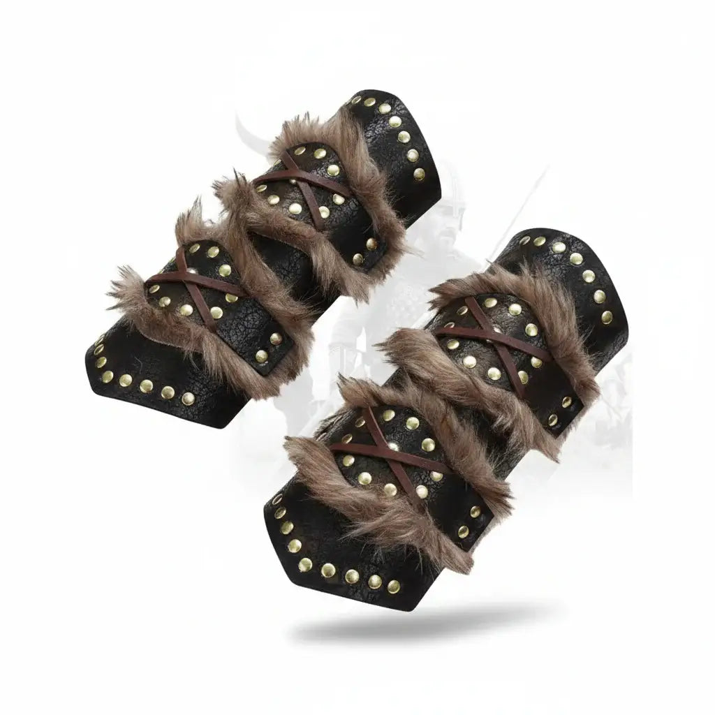viking leather bracers for cosplay, medieval warrior arm armor with faux fur for LARP and cosplay events