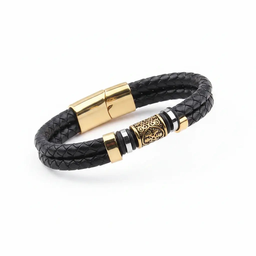 Viking Rune Leather Bracelet – Men’s Braided Stainless Steel Norse Bracelet Punk Multilayer Jewelry Gift - Hadi Craft