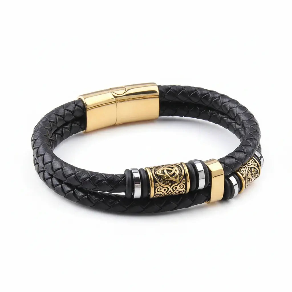 Viking Rune Leather Bracelet – Men’s Braided Stainless Steel Norse Bracelet Punk Multilayer Jewelry Gift - Hadi Craft