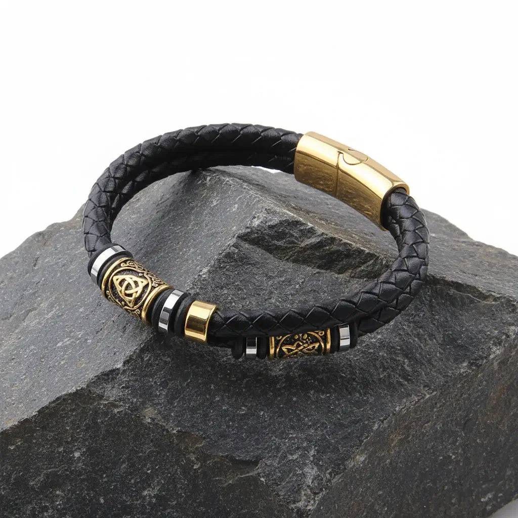 Viking Rune Leather Bracelet – Men’s Braided Stainless Steel Norse Bracelet Punk Multilayer Jewelry Gift - Hadi Craft