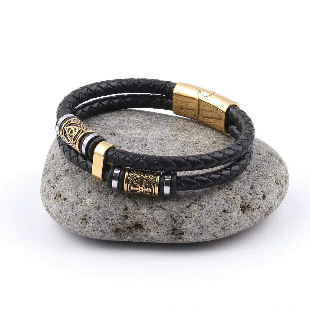 Viking Rune Leather Bracelet – Men’s Braided Stainless Steel Norse Bracelet Punk Multilayer Jewelry Gift - Hadi Craft