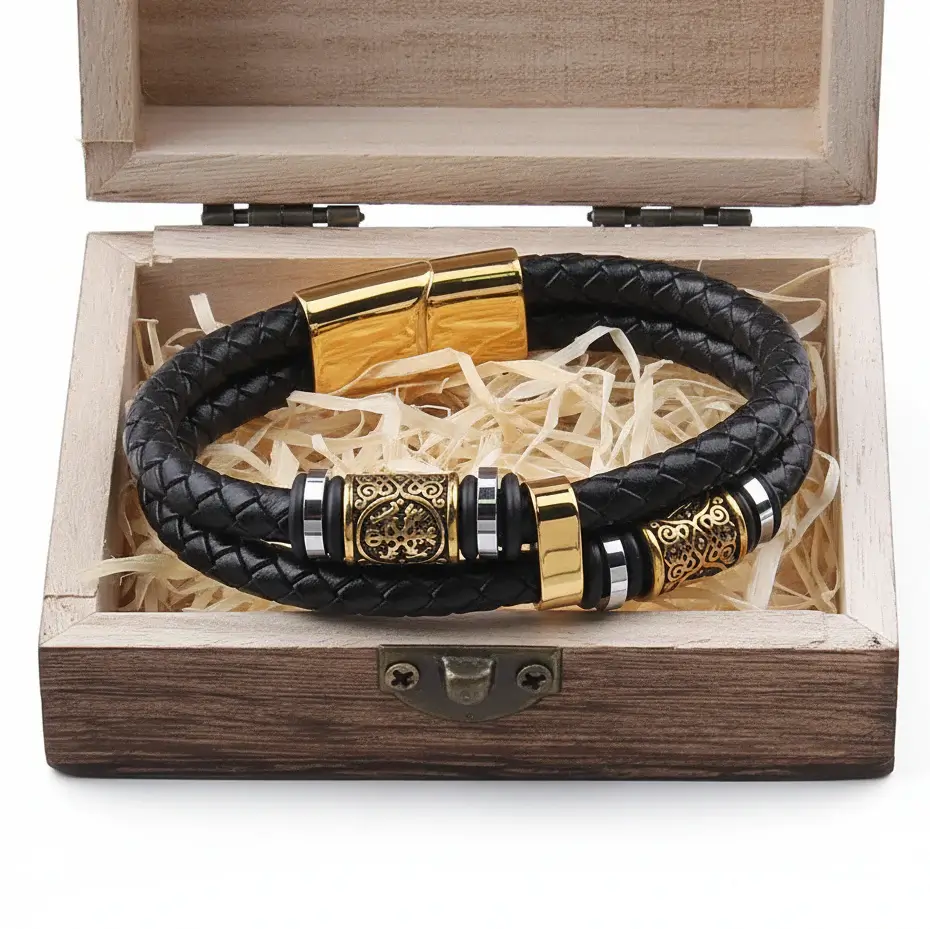 Viking Rune Leather Bracelet – Men’s Braided Stainless Steel Norse Bracelet Punk Multilayer Jewelry Gift - Hadi Craft