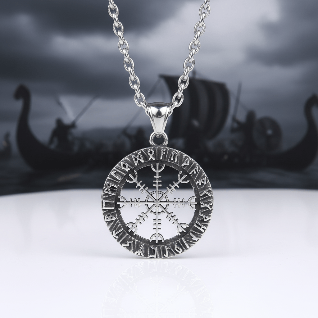 Viking Vegvisir Compass Necklace for Men – Elder Futhark Rune Valknut Pendant | Stainless Steel Gift Box - Hadi Craft