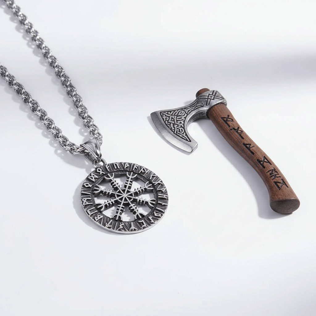 Viking Vegvisir Compass Necklace for Men – Elder Futhark Rune Valknut Pendant | Stainless Steel Gift Box - Hadi Craft