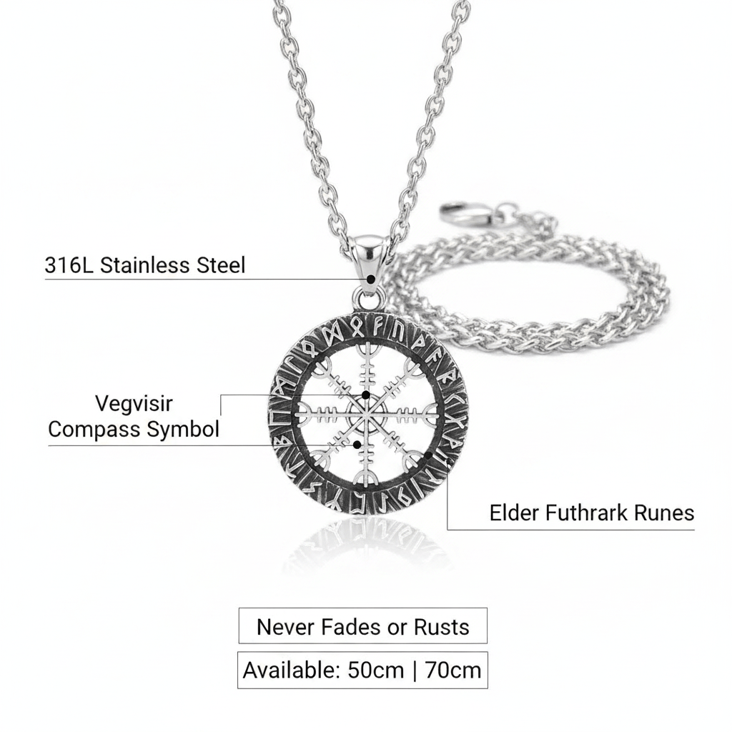 Viking Vegvisir Compass Necklace for Men – Elder Futhark Rune Valknut Pendant | Stainless Steel Gift Box - Hadi Craft