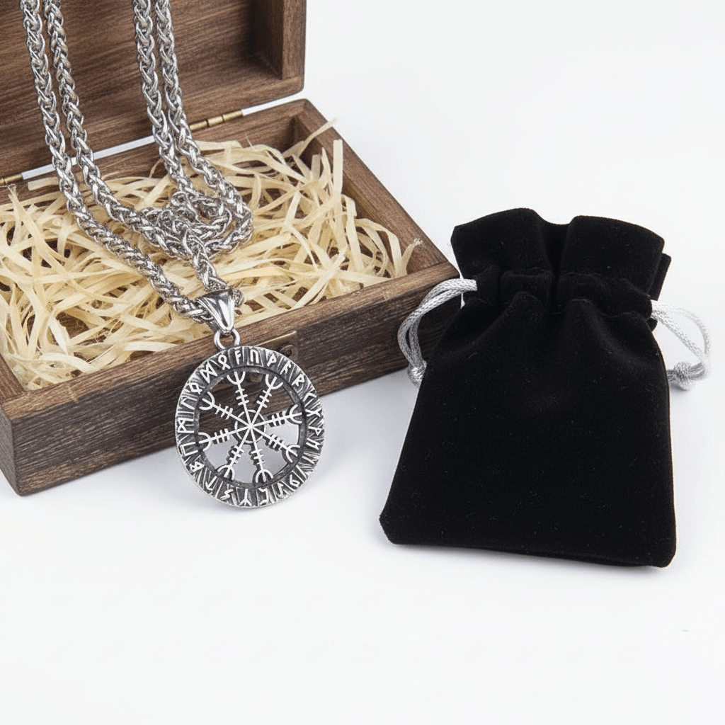 Viking Vegvisir Compass Necklace for Men – Elder Futhark Rune Valknut Pendant | Stainless Steel Gift Box - Hadi Craft