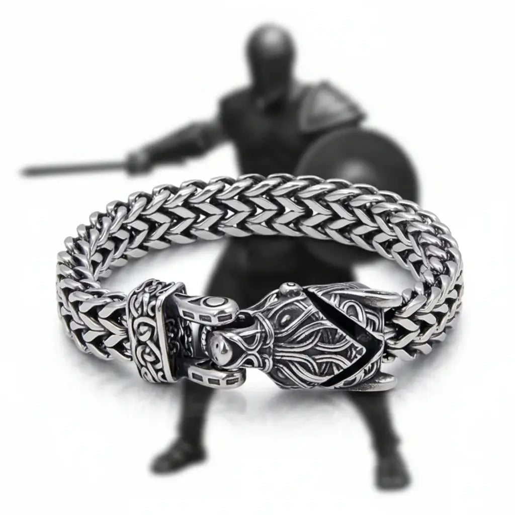 Viking Wolf Head Bracelet – Stainless Steel Biker Chain Bracelet for Men - Hadi Craft