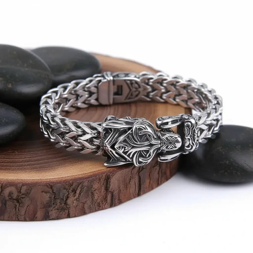Viking Wolf Head Bracelet – Stainless Steel Biker Chain Bracelet for Men - Hadi Craft