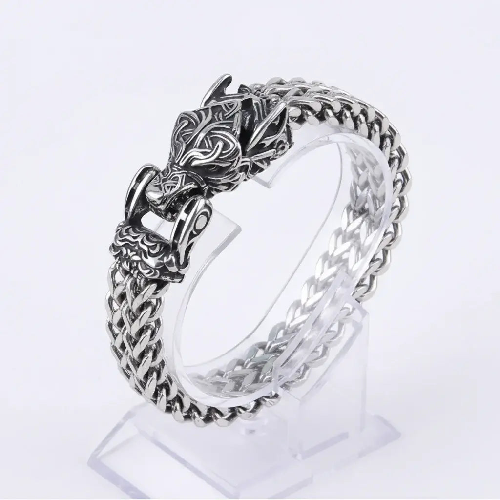 Viking Wolf Head Bracelet – Stainless Steel Biker Chain Bracelet for Men - Hadi Craft