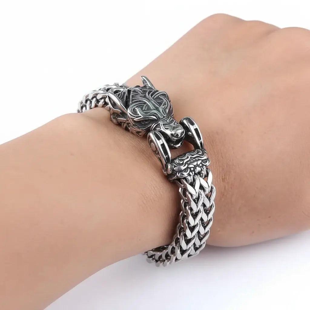 Viking Wolf Head Bracelet – Stainless Steel Biker Chain Bracelet for Men - Hadi Craft