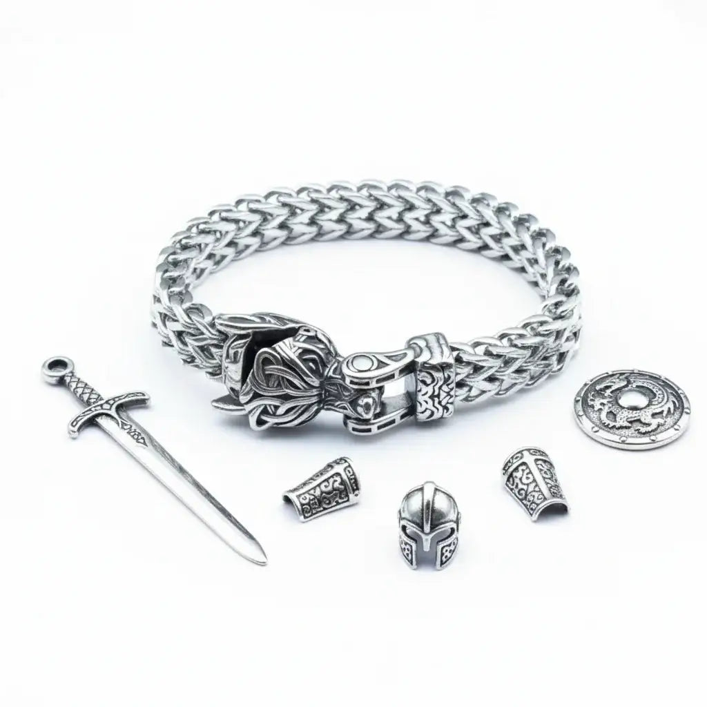 Viking Wolf Head Bracelet – Stainless Steel Nordic Biker Bracelet for Men - Hadi Craft