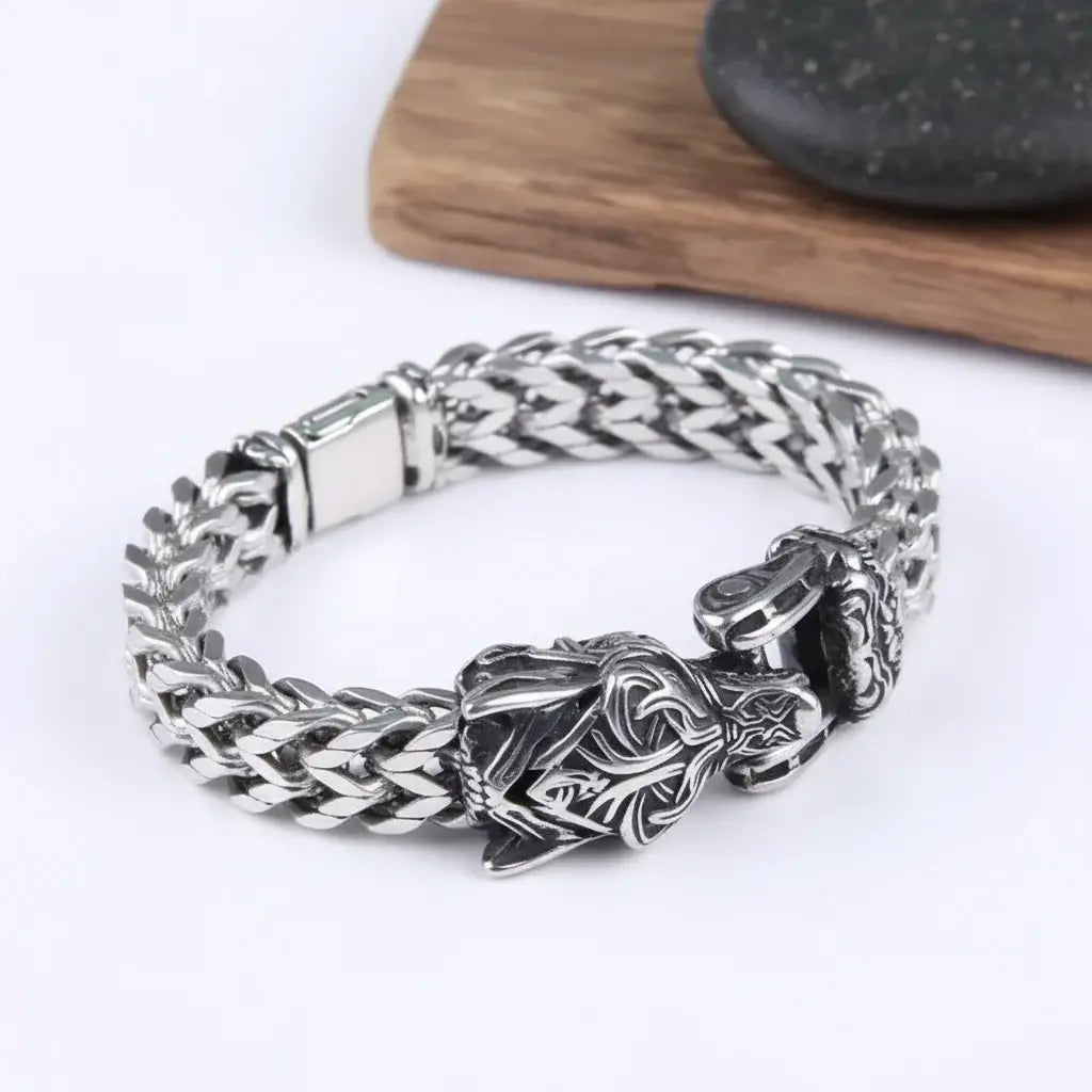 Viking Wolf Head Bracelet – Stainless Steel Nordic Biker Bracelet for Men - Hadi Craft