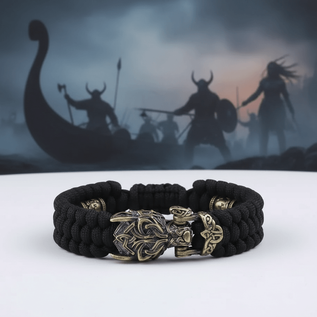 Viking Wolf Head Bracelet for Men – Handmade Braided Paracord with Bronze Norse Rune Beads | Gift Box - Hadi Craft