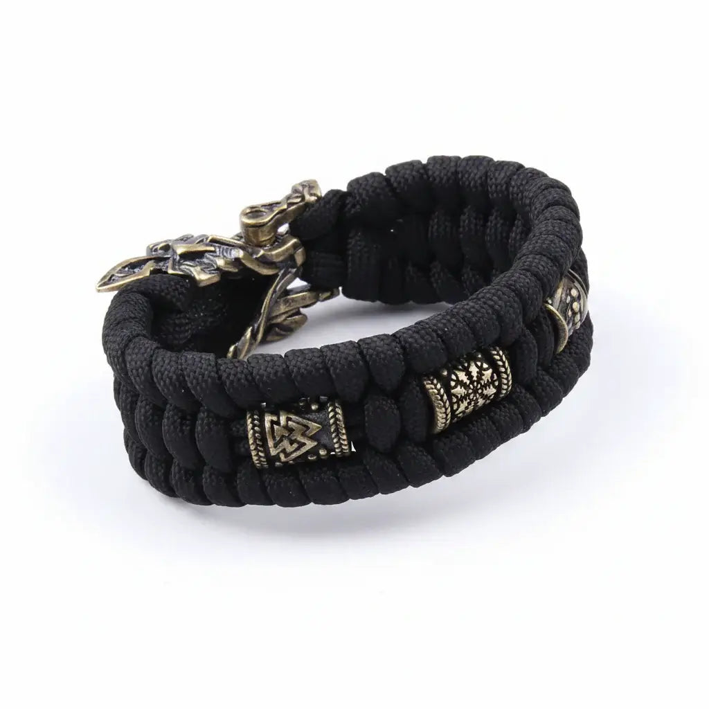 Viking Wolf Head Bracelet for Men – Handmade Braided Paracord with Bronze Norse Rune Beads | Gift Box - Hadi Craft