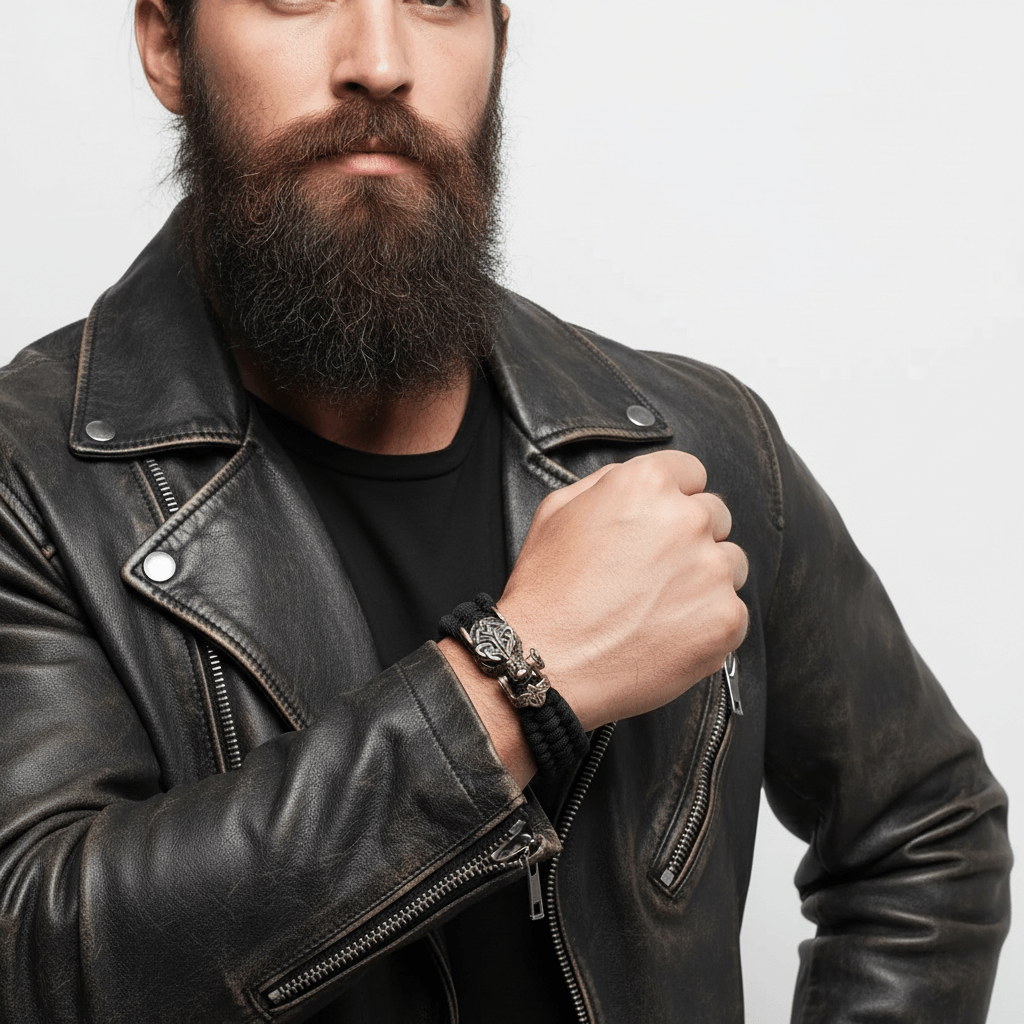 Viking Wolf Head Bracelet for Men – Handmade Braided Paracord with Bronze Norse Rune Beads | Gift Box - Hadi Craft