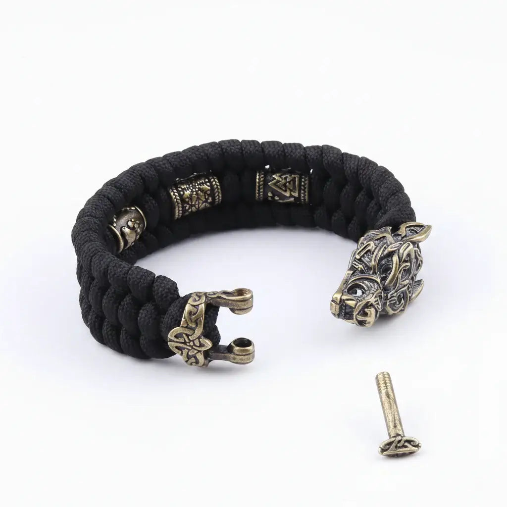 Viking Wolf Head Bracelet for Men – Handmade Braided Paracord with Bronze Norse Rune Beads | Gift Box - Hadi Craft