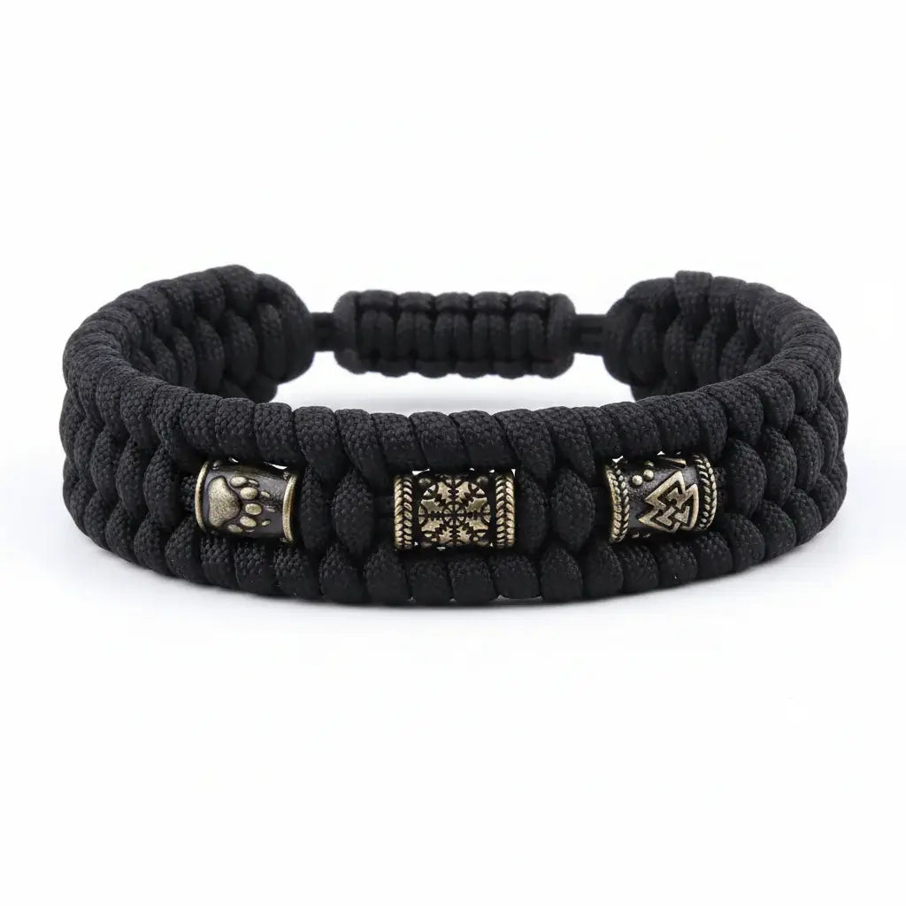 Viking Wolf Head Bracelet for Men – Handmade Braided Paracord with Bronze Norse Rune Beads | Gift Box - Hadi Craft
