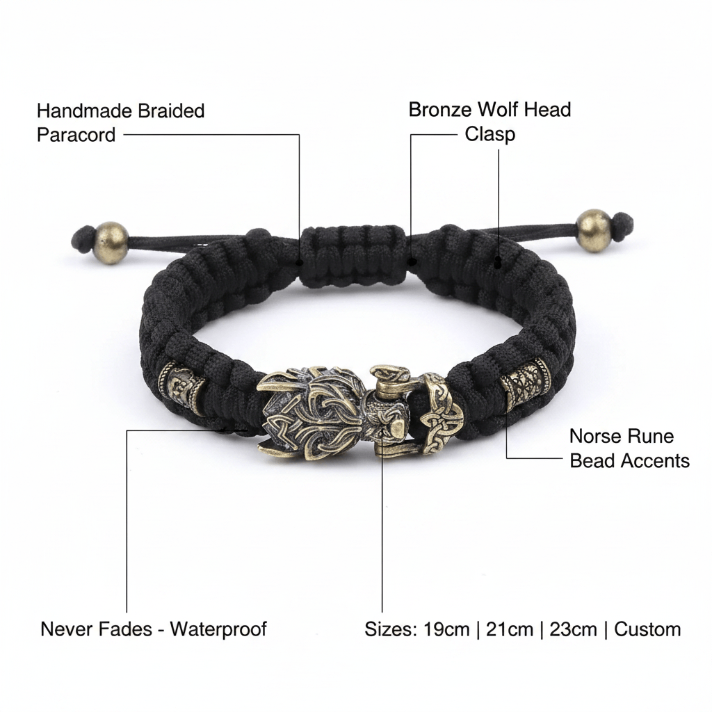 Viking Wolf Head Bracelet for Men – Handmade Braided Paracord with Bronze Norse Rune Beads | Gift Box - Hadi Craft