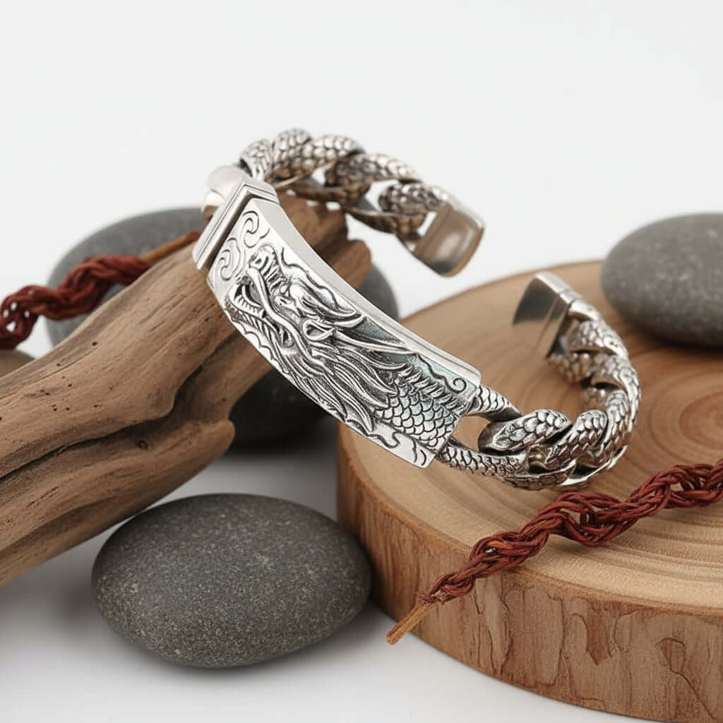 Vintage Dragon Bracelet for Men – Silver Stainless Steel Zodiac Style Jewelry - Hadi Craft
