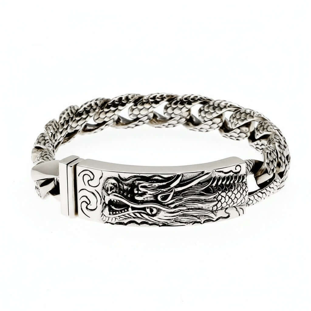 Vintage Dragon Bracelet for Men – Silver Stainless Steel Zodiac Style Jewelry - Hadi Craft