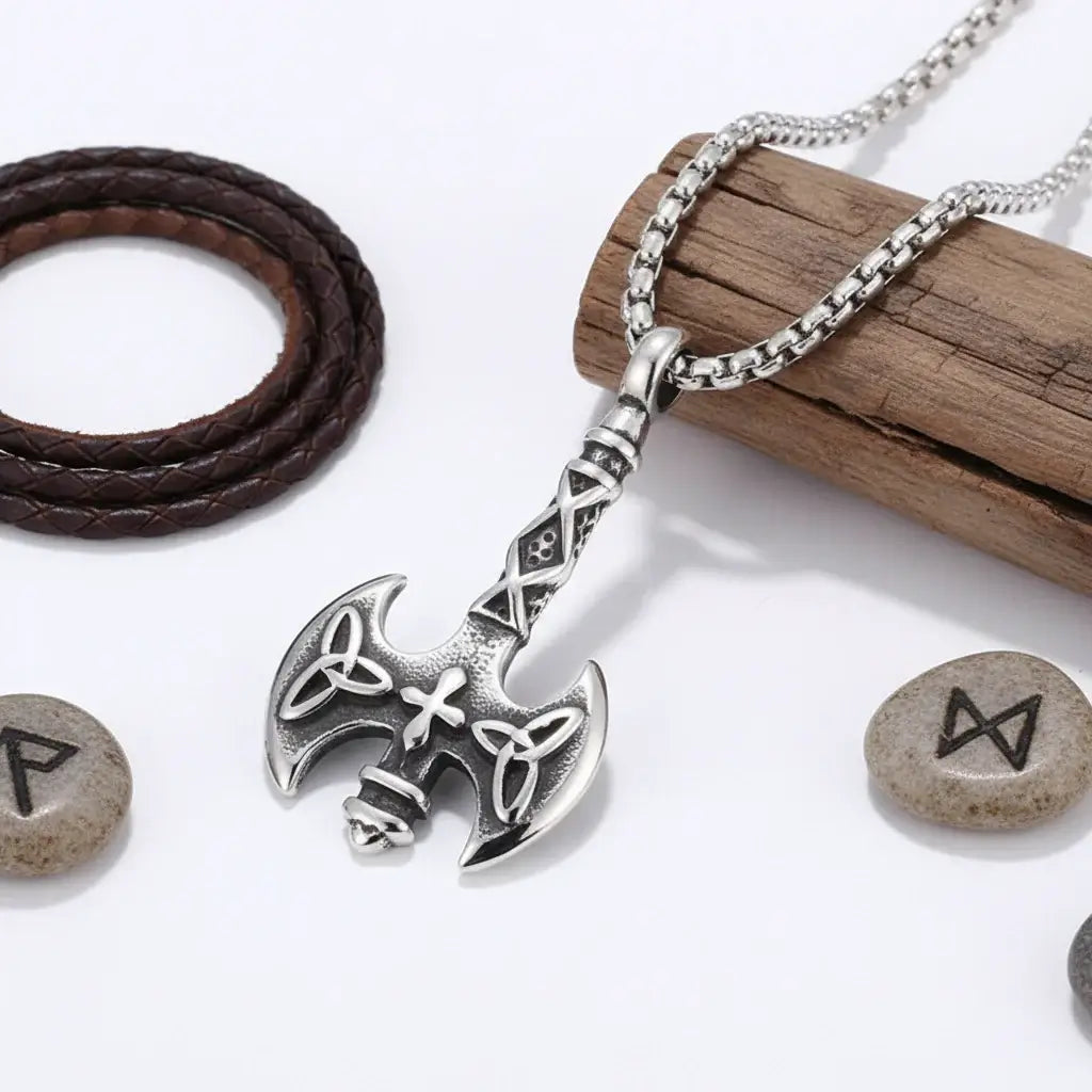 Vintage Viking Axe Pendant Necklace – Stainless Steel Nordic Warrior Axe Necklace for Men & Women - Hadi Craft