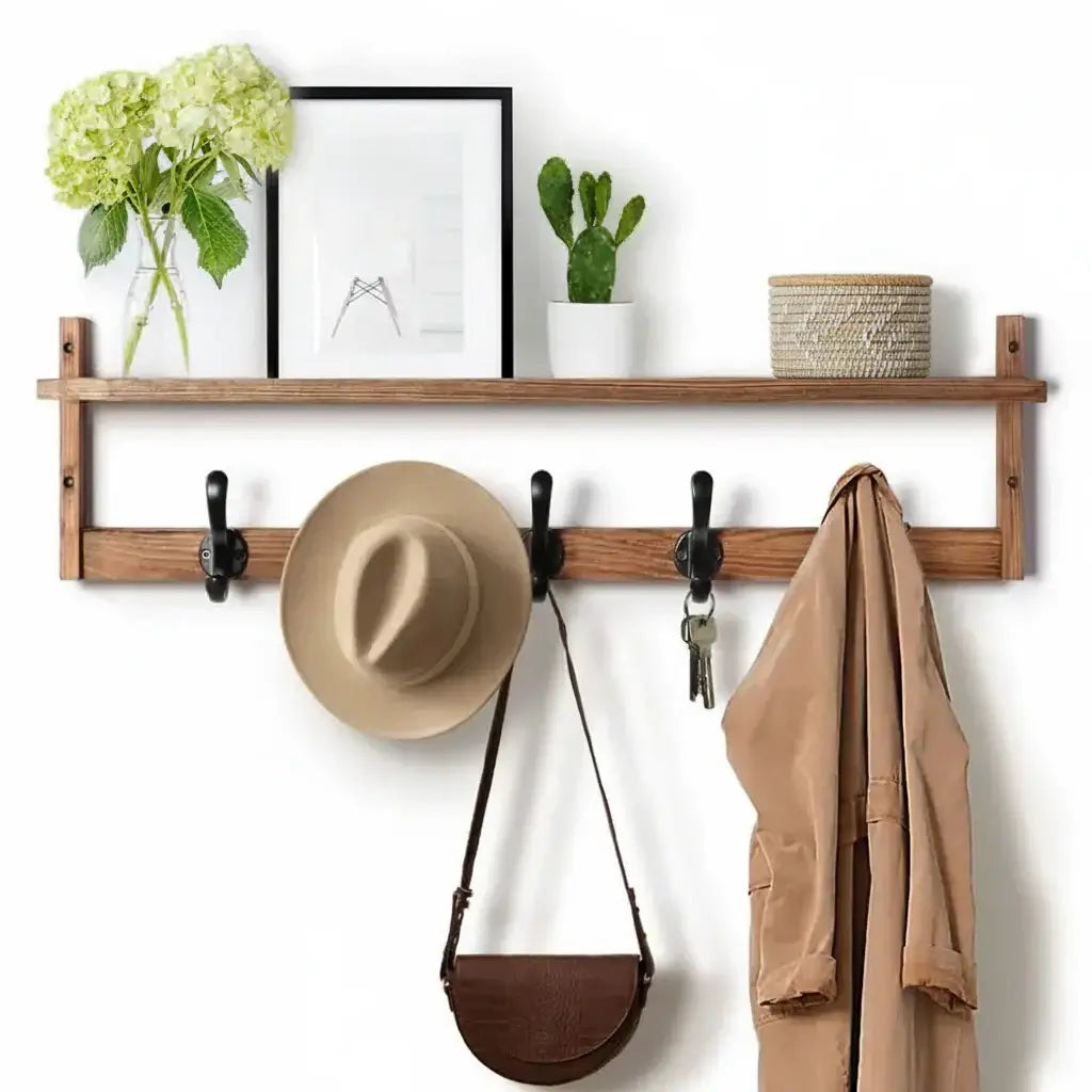 Wall Mount Coat Rack with Shelf – 5 Hook Entryway Organizer & Storage - Hadi Craft
