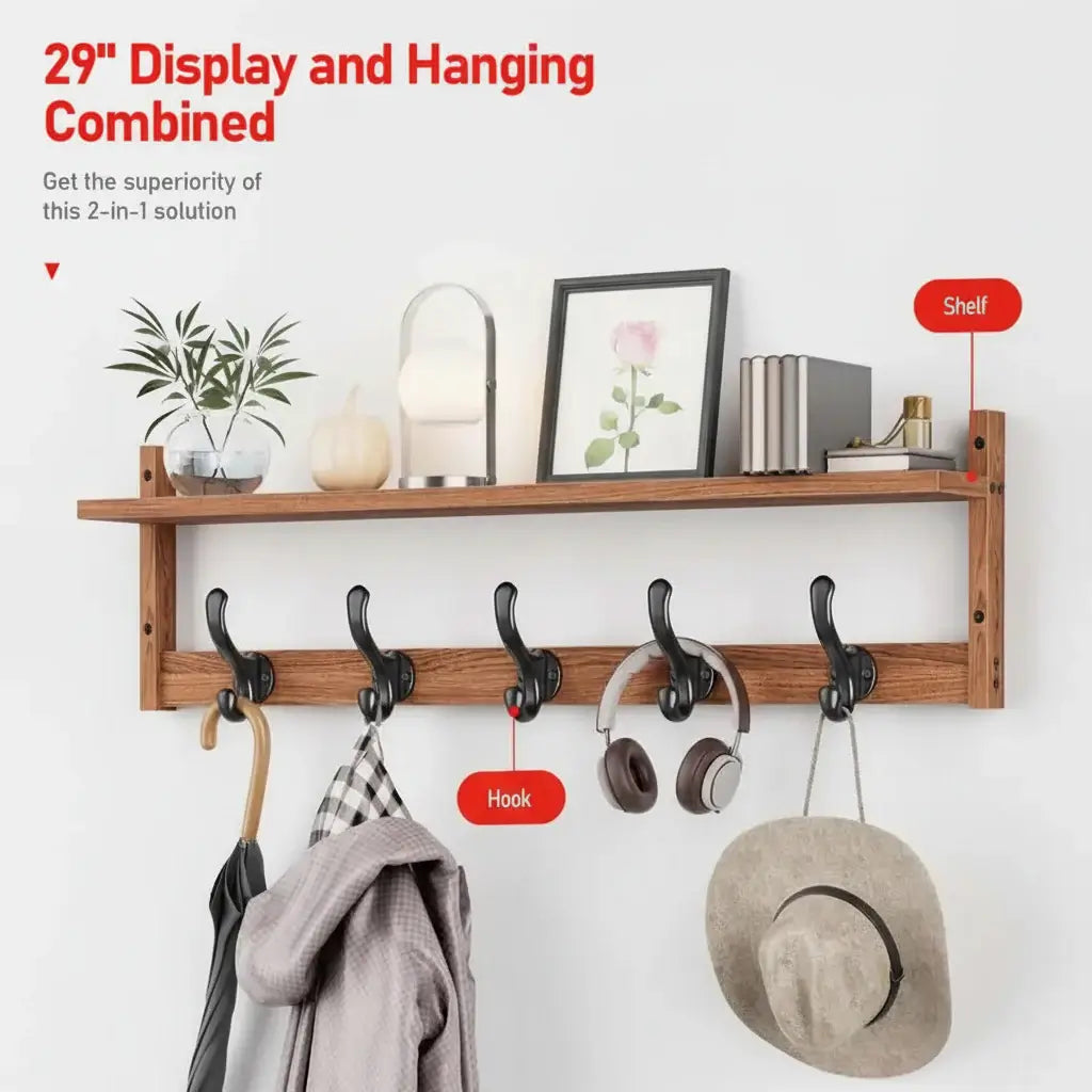 Wall Mount Coat Rack with Shelf – 5 Hook Entryway Organizer & Storage - Hadi Craft