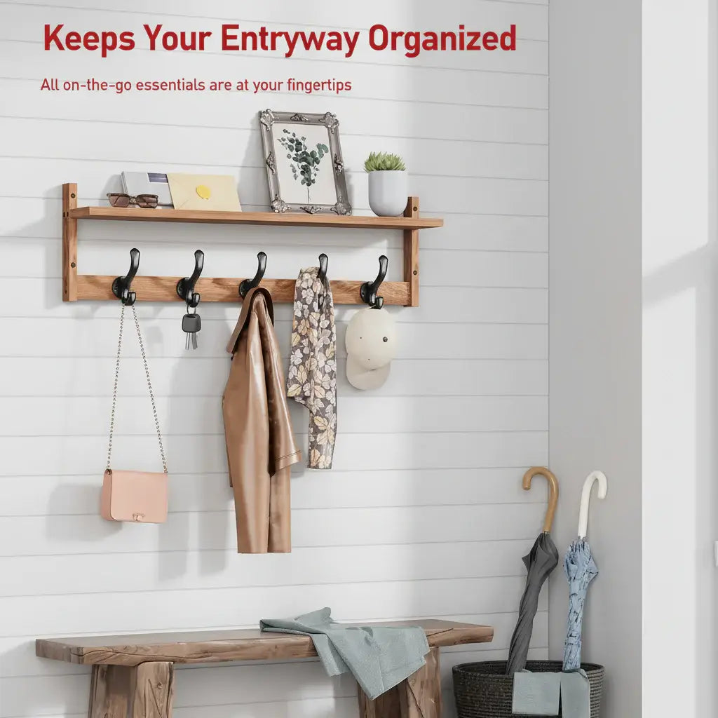 Wall Mount Coat Rack with Shelf – 5 Hook Entryway Organizer & Storage - Hadi Craft