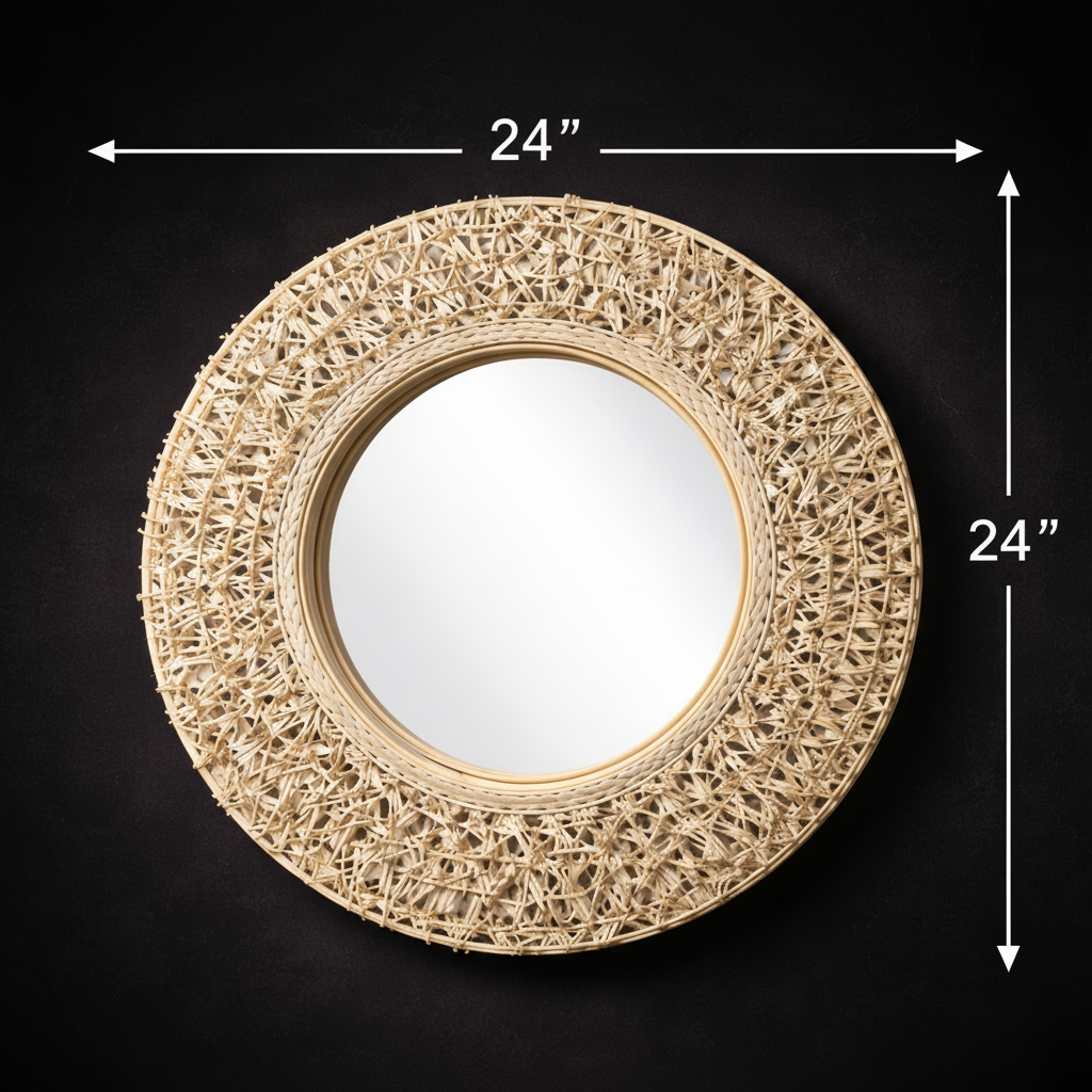 Round woven mirror with dimensions on a black background Hadi Craft USA