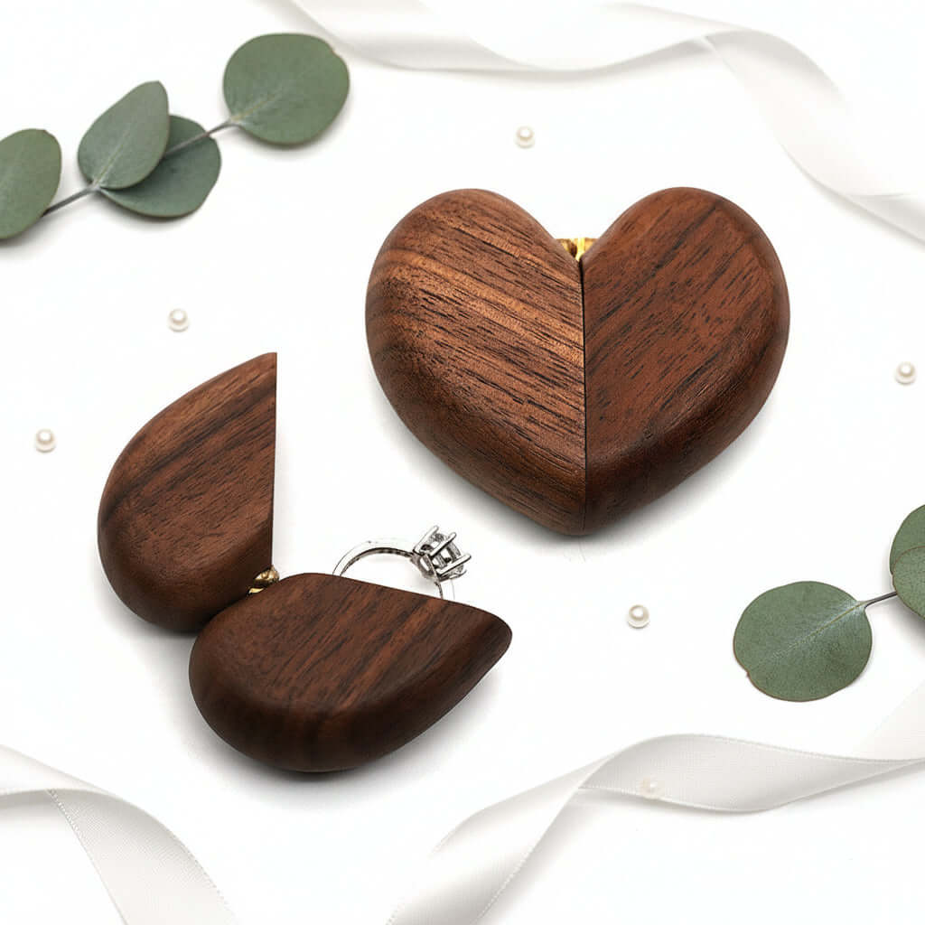 Walnut Heart Ring Box – Wooden Engagement & Proposal Jewelry Box - Hadi Craft