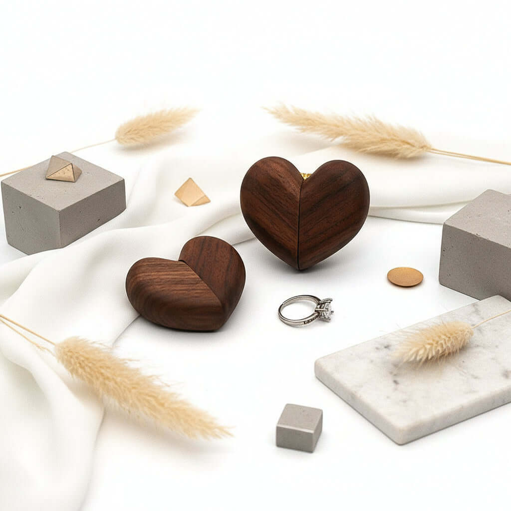 Walnut Heart Ring Box – Wooden Engagement & Proposal Jewelry Box - Hadi Craft