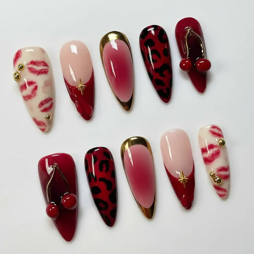 Wine Red Almond Press On Nails with Rabbit & Bow Design 24 Pieces - Hadi Craft