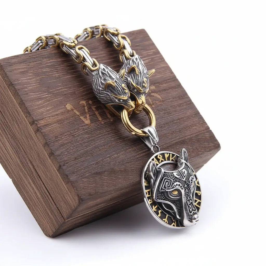 Wolf Head Viking Stainless Steel Pendant Necklace for Men – Norse Rune Amulet with Gift Box - Hadi Craft