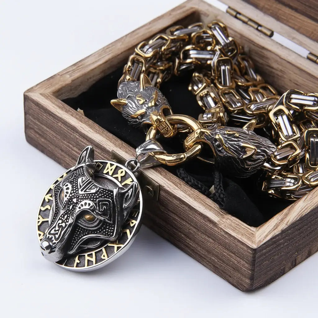 Wolf Head Viking Stainless Steel Pendant Necklace for Men – Norse Rune Amulet with Gift Box - Hadi Craft