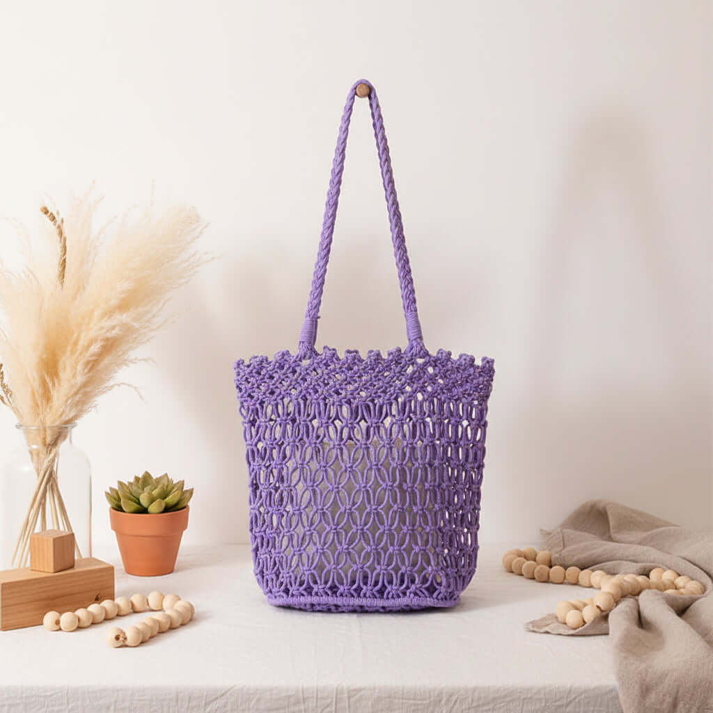 Women beach vacation bag Hollow Out Cutout Shoulder Cotton Woven Bag - Hadi Craft