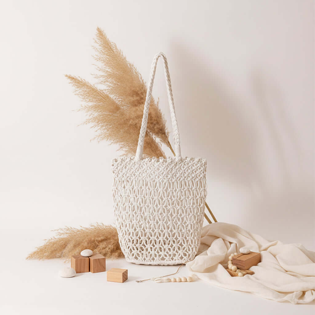 Women beach vacation bag Hollow Out Cutout Shoulder Cotton Woven Bag - Hadi Craft