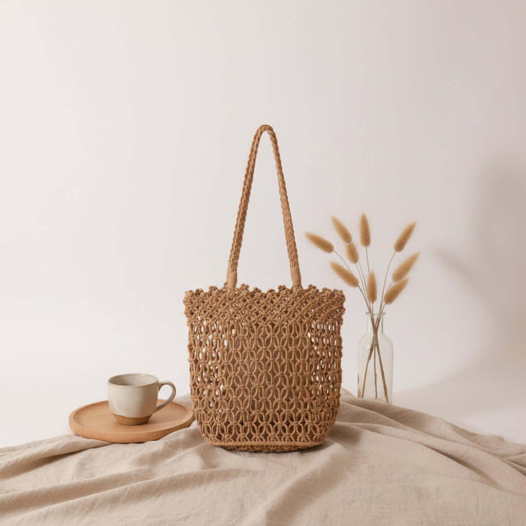 Women beach vacation bag Hollow Out Cutout Shoulder Cotton Woven Bag - Hadi Craft