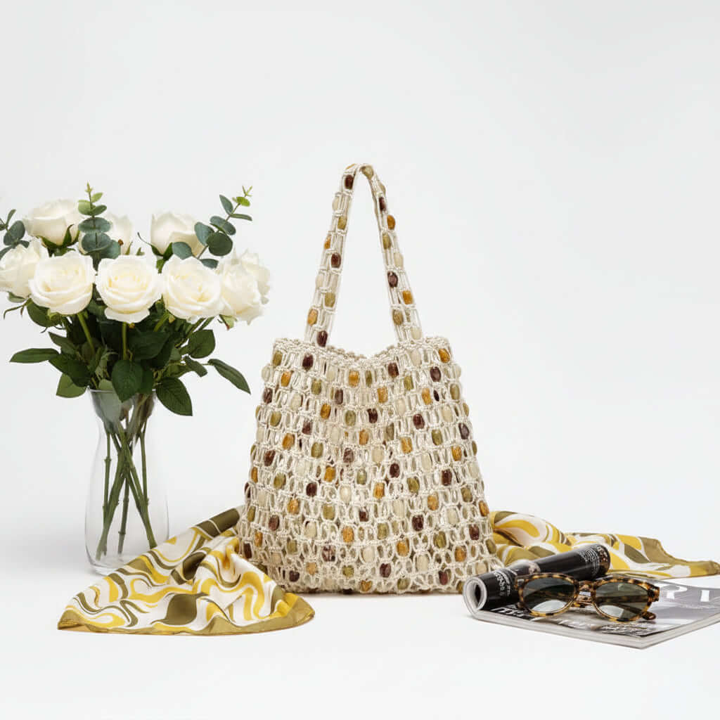 Womens beaded beach bag Casual Women Special Woven Bag - Hadi Craft