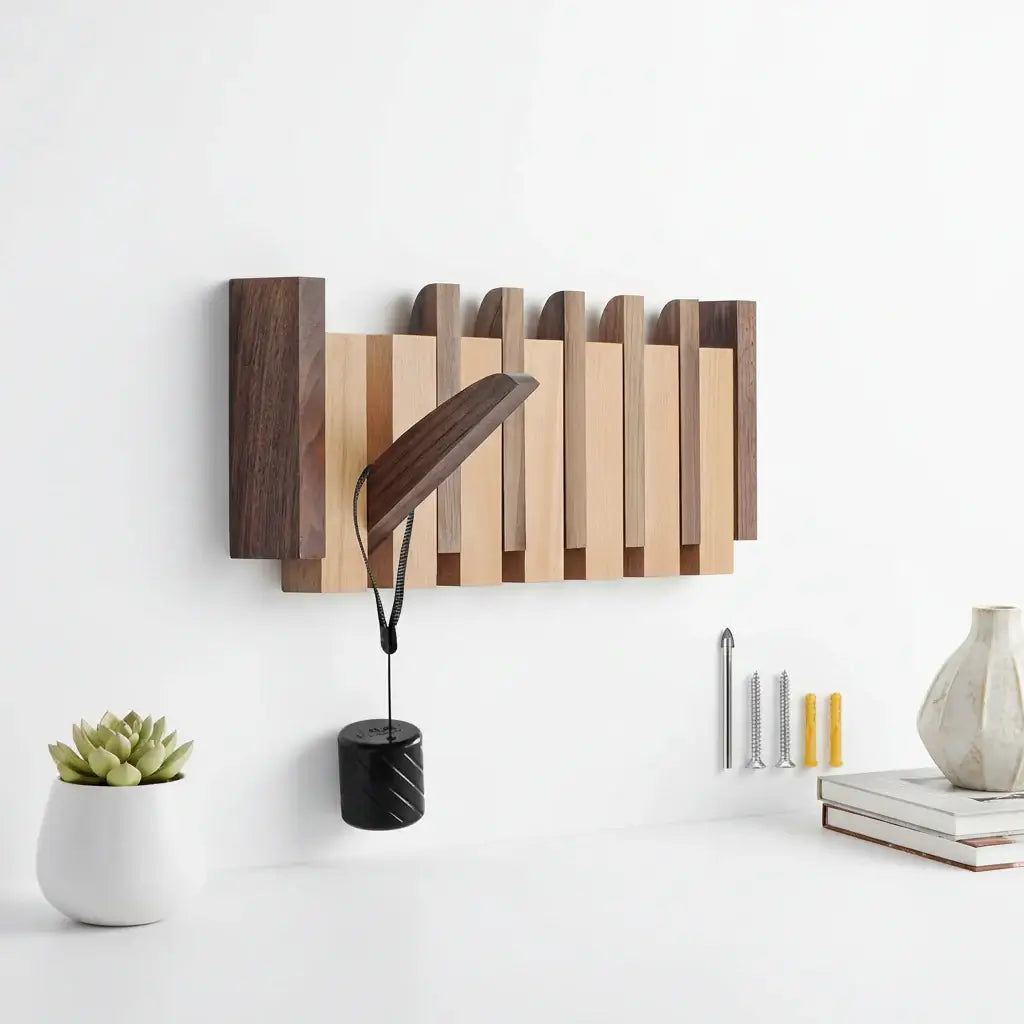 Wood wall coat rack with hooks with 6 Flip Down Magnetic Hooks - Hadi Craft