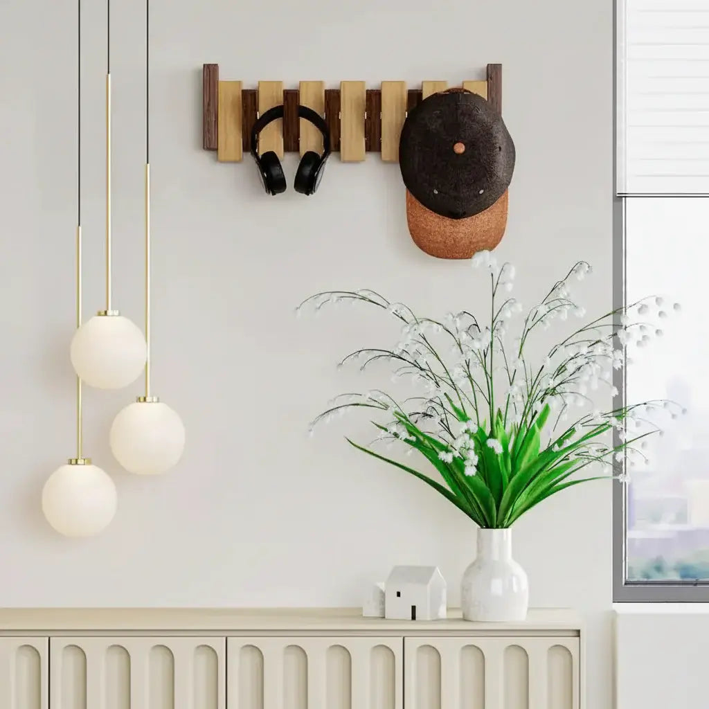 Wood wall coat rack with hooks with 6 Flip Down Magnetic Hooks - Hadi Craft