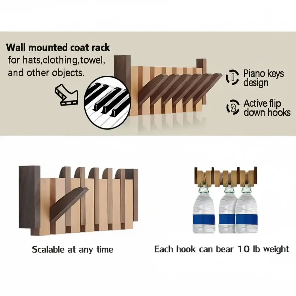 Wood wall coat rack with hooks with 6 Flip Down Magnetic Hooks - Hadi Craft