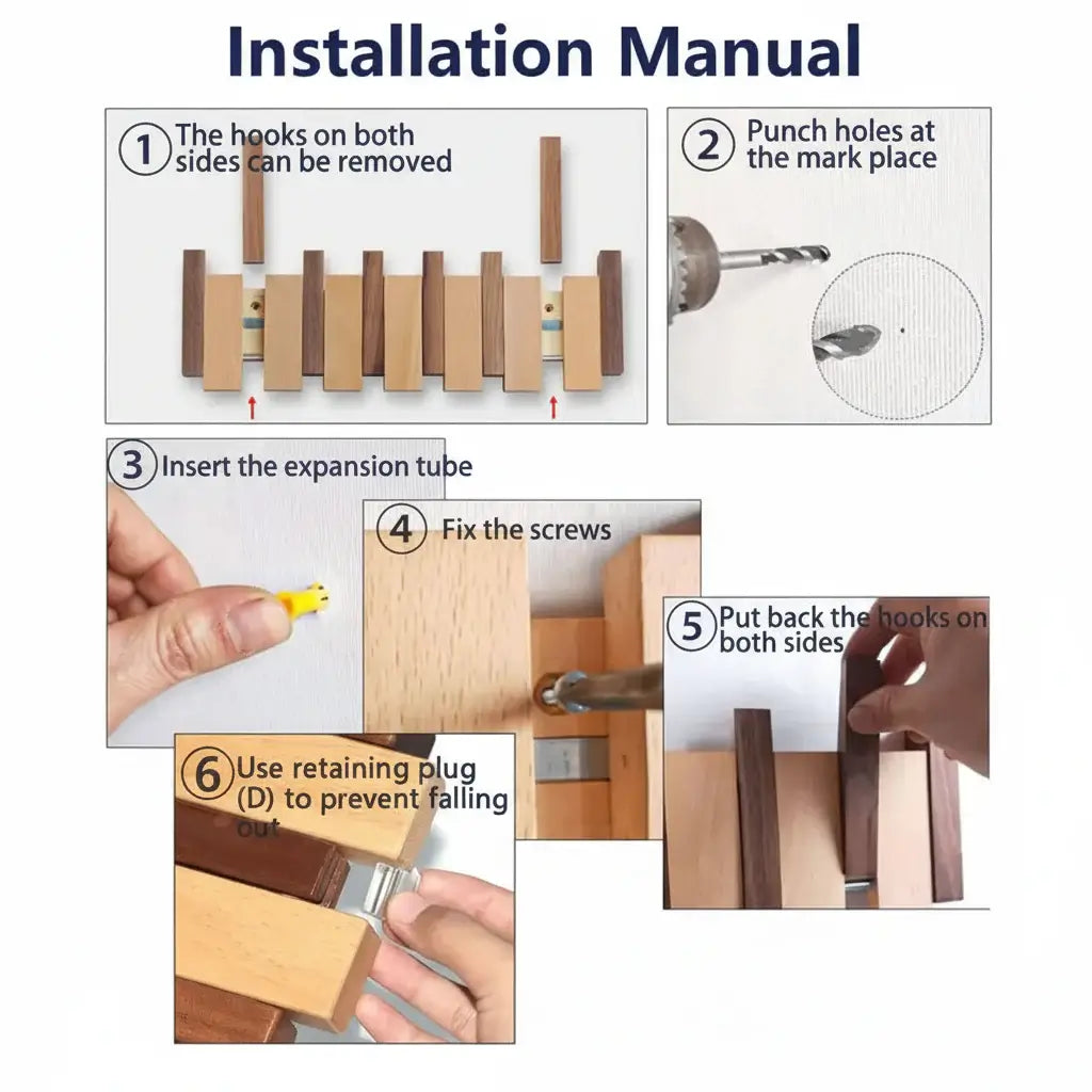 Wood wall coat rack with hooks with 6 Flip Down Magnetic Hooks - Hadi Craft