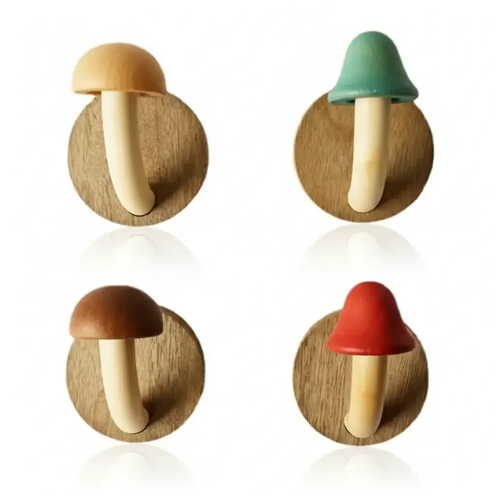 Wooden Mushroom Wall Hooks Set Colorful Solid Wood Coat Hangers - Hadi Craft