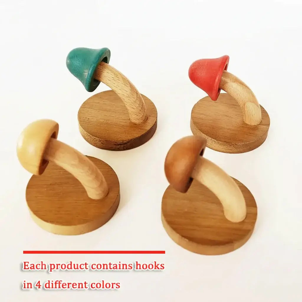 Wooden Mushroom Wall Hooks Set Colorful Solid Wood Coat Hangers - Hadi Craft