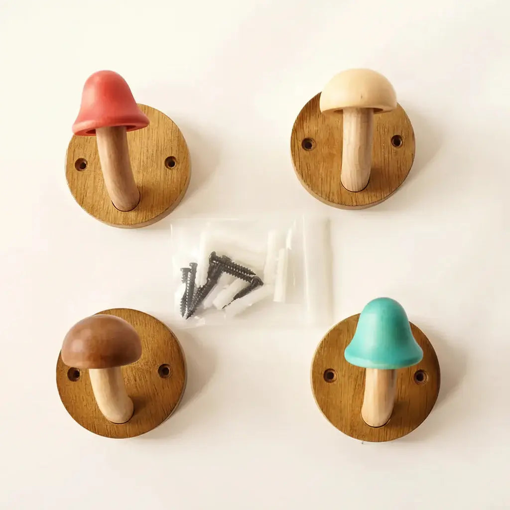Wooden Mushroom Wall Hooks Set Colorful Solid Wood Coat Hangers - Hadi Craft