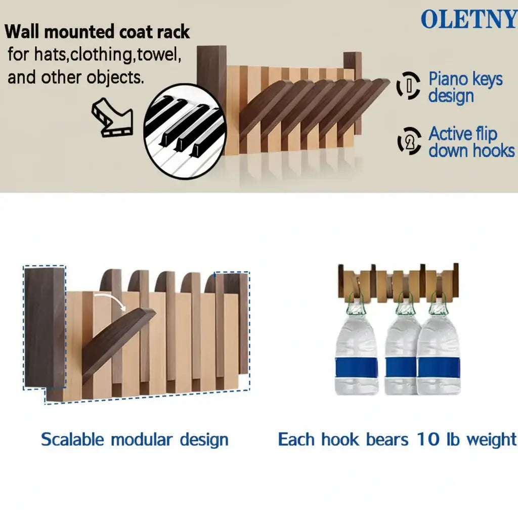Wooden Wall Coat Rack with Magnetic Hooks for Entryway, Bathroom - Hadi Craft