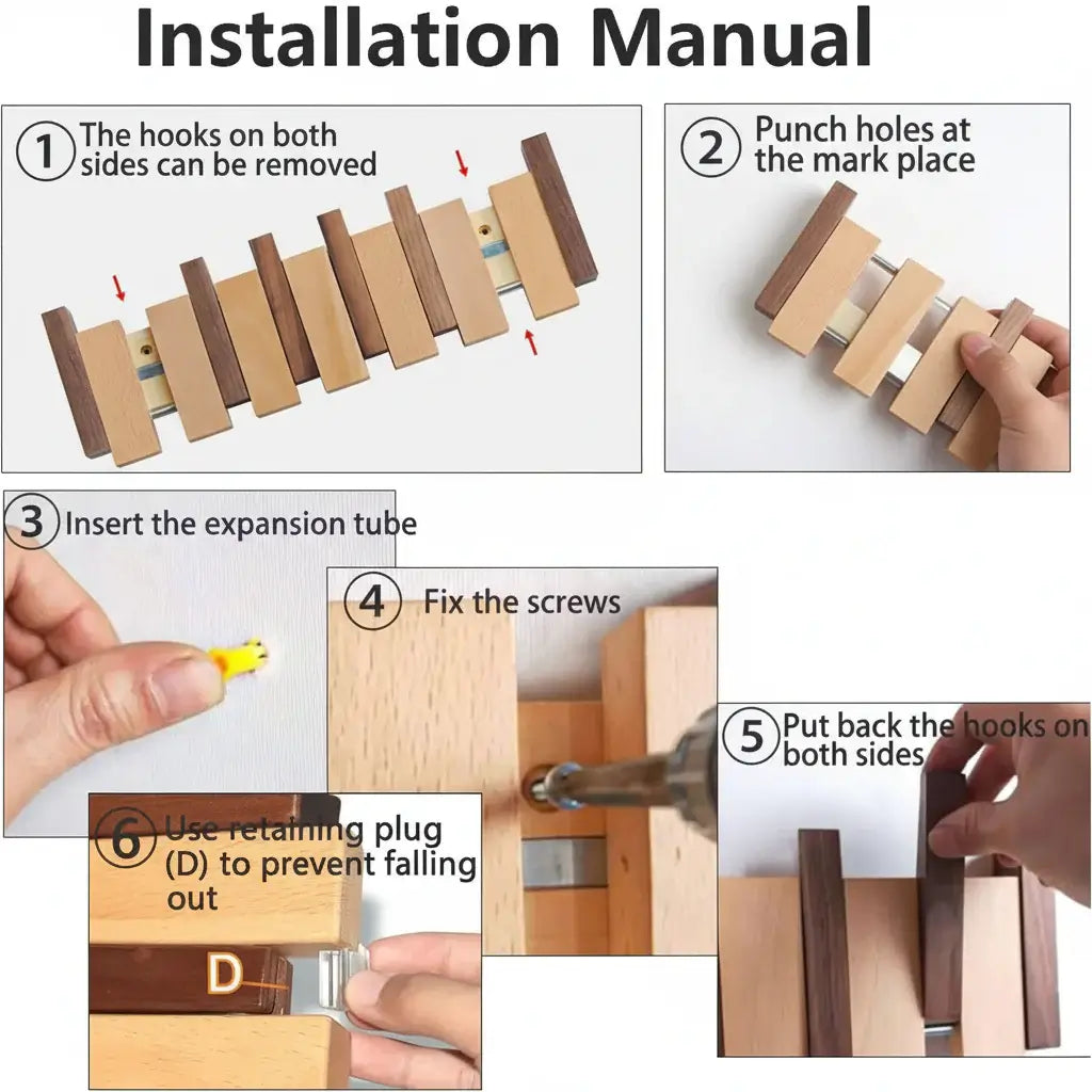 Wooden Wall Coat Rack with Magnetic Hooks for Entryway, Bathroom - Hadi Craft