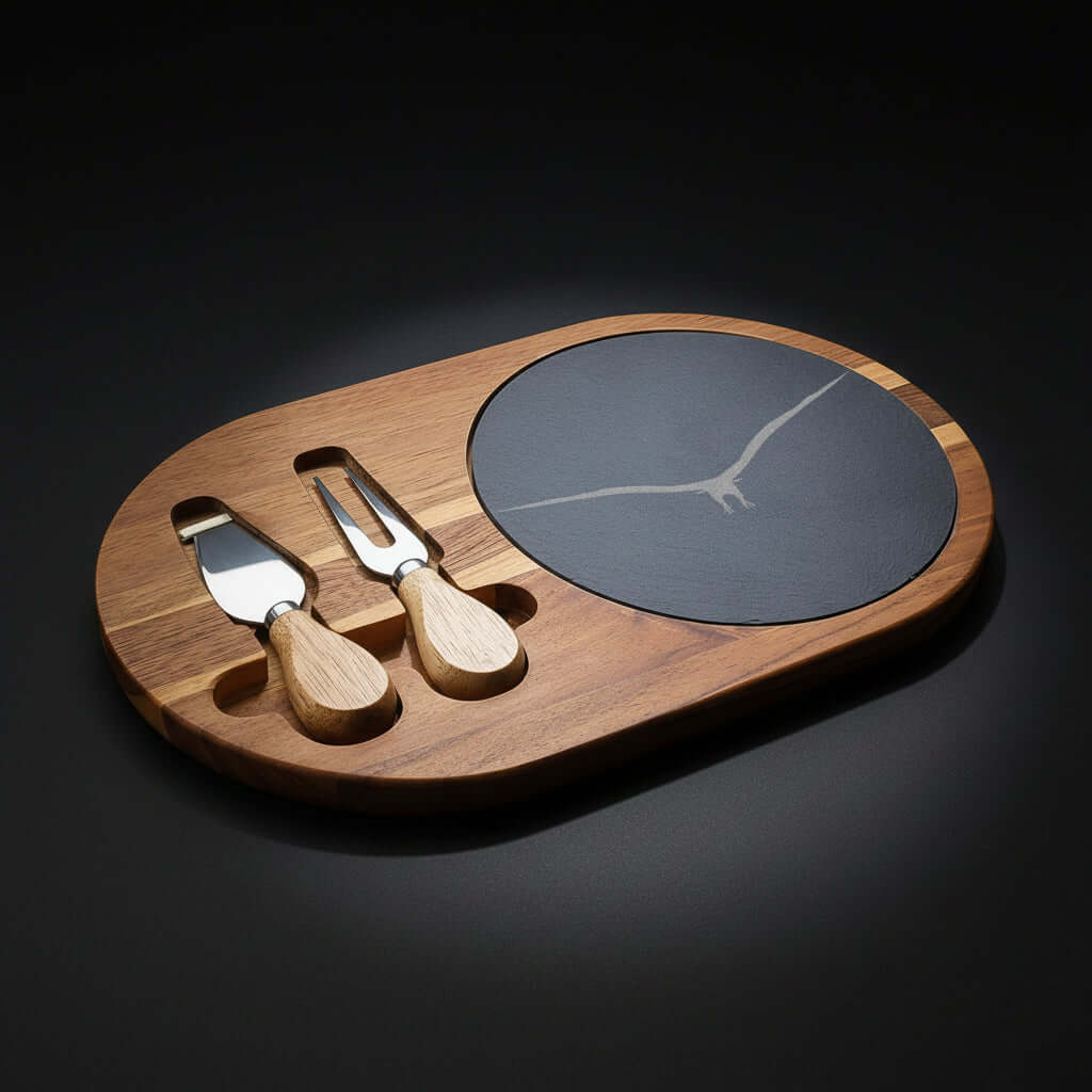 acacia wood charcuterie board with slate inlay | Hadi Craft USA